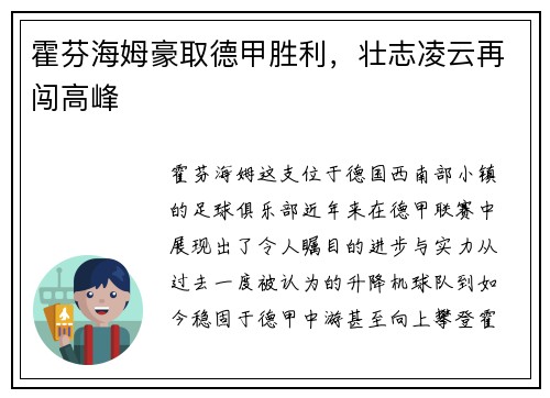 霍芬海姆豪取德甲胜利，壮志凌云再闯高峰
